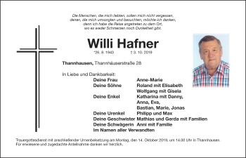 Traueranzeige von Willi Hafner von Neumarkter Nachrichten Lokal