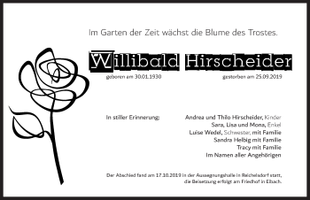 Traueranzeige von Willibald Hirscheider von Gesamtausgabe Nürnberger Nachrichten/ Nürnberger Ztg.