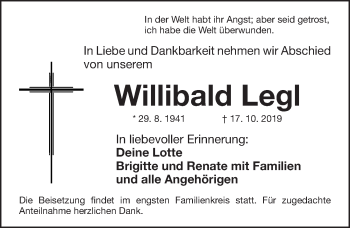 Traueranzeige von Willibald Legl von Gesamtausgabe Nürnberger Nachrichten/ Nürnberger Ztg.