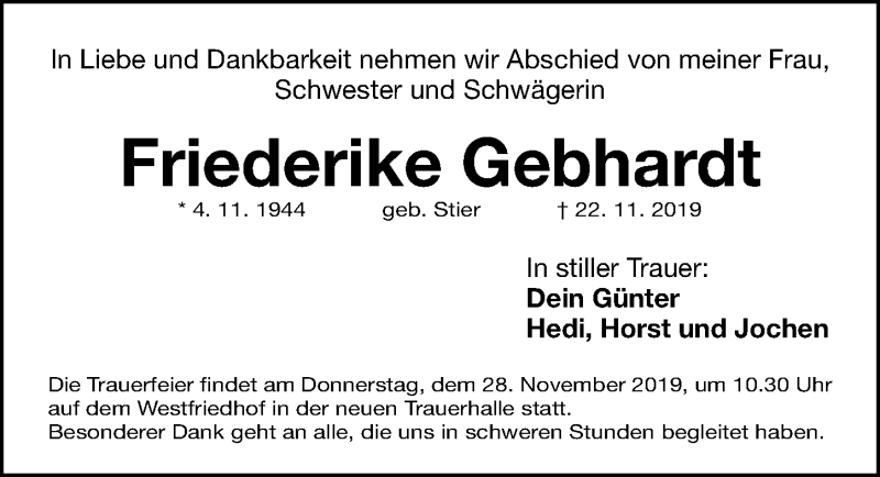  Traueranzeige für Friederike Gebhardt vom 27.11.2019 aus GESAMTAUSGABE NÜRNBERGER NACHRICHTEN/ NÜRNBERGER ZTG