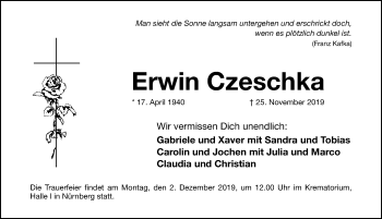 Traueranzeige von Erwin Czeschka von GESAMTAUSGABE NÜRNBERGER NACHRICHTEN/ NÜRNBERGER ZTG