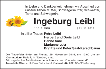 Traueranzeige von Ingeburg Leibl von Gesamtausgabe NürnbergerNachrichten/NürnbergerZtg.