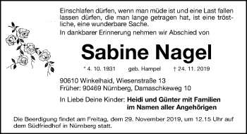 Traueranzeige von Sabine Nagel von Gesamtausgabe NürnbergerNachrichten/NürnbergerZtg