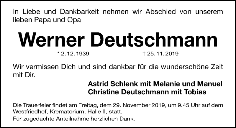  Traueranzeige für Werner Deutschmann vom 27.11.2019 aus GESAMTAUSGABE NÜRNBERGER NACHRICHTEN/ NÜRNBERGER ZTG