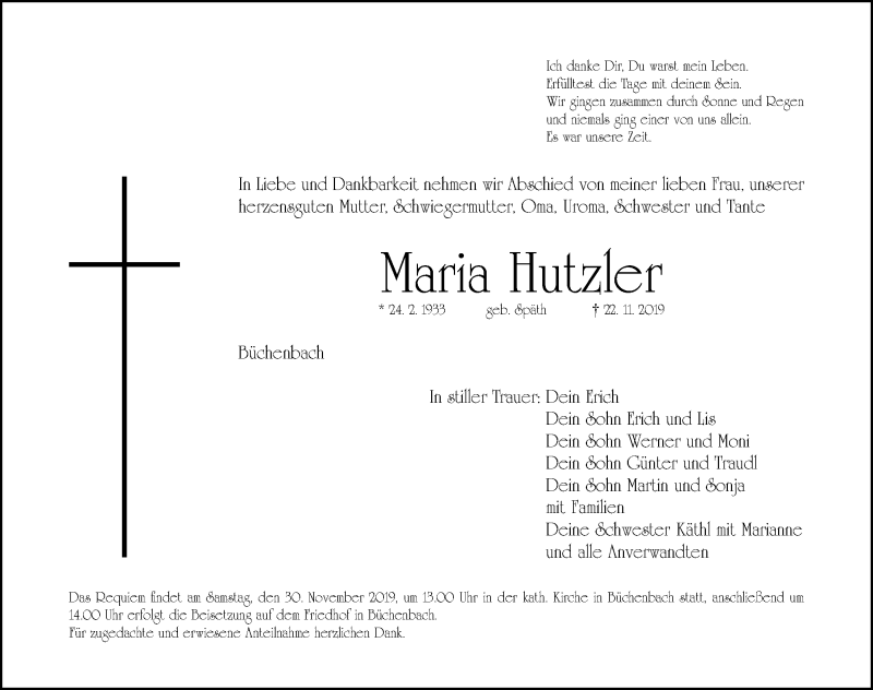  Traueranzeige für Maria Hutzler vom 27.11.2019 aus Roth-Hilpoltsteiner Volkszeitung Lokal  