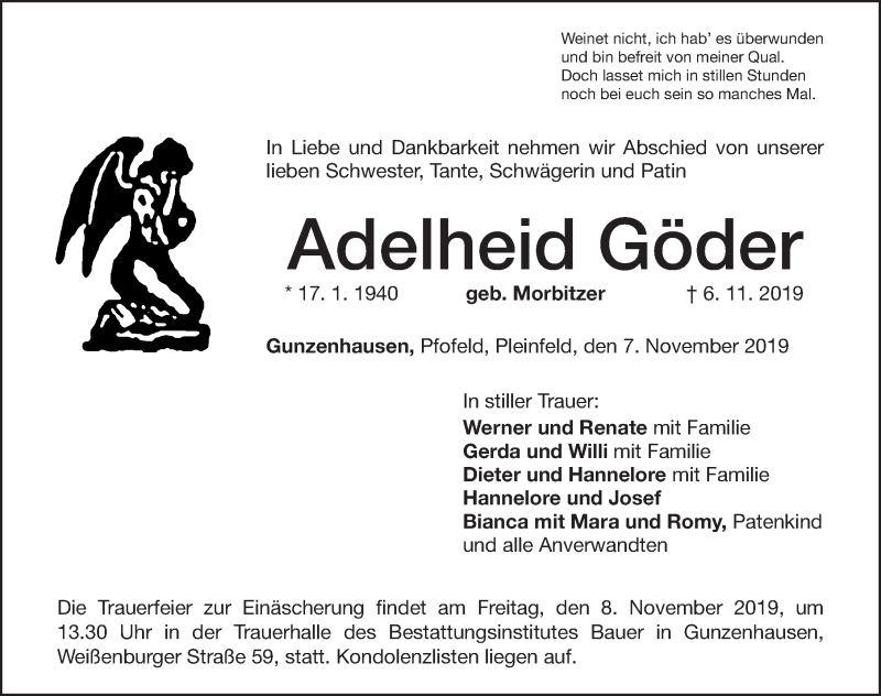  Traueranzeige für Adelheid Göder vom 07.11.2019 aus Altmühl-Bote Lokal