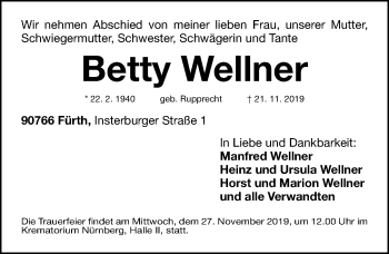 Traueranzeige von Betty Wellner von Fürther Nachrichten Lokal