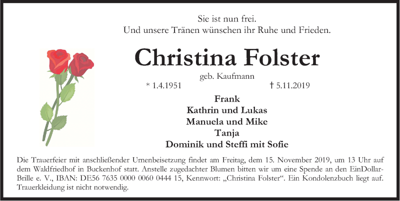  Traueranzeige für Christina Folster vom 09.11.2019 aus Erlanger Nachrichten Lokal
