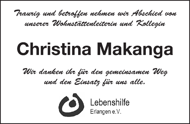  Traueranzeige für Christina Makanga vom 14.11.2019 aus Erlanger Nachrichten Lokal