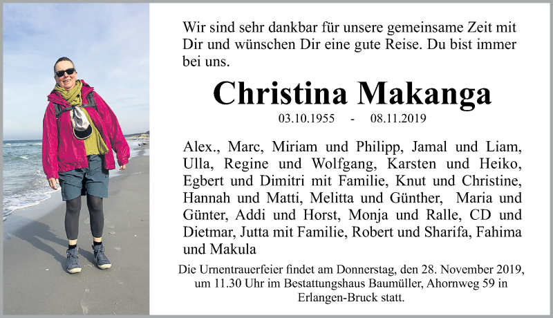  Traueranzeige für Christina Makanga vom 14.11.2019 aus Erlanger Nachrichten/ Fürther Nachrichten