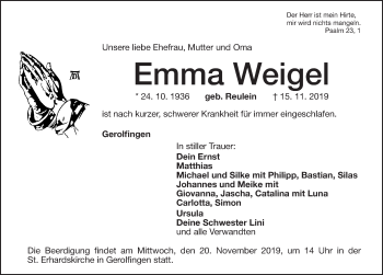 Traueranzeige von Emma Weigel von Altmühl-Bote Lokal