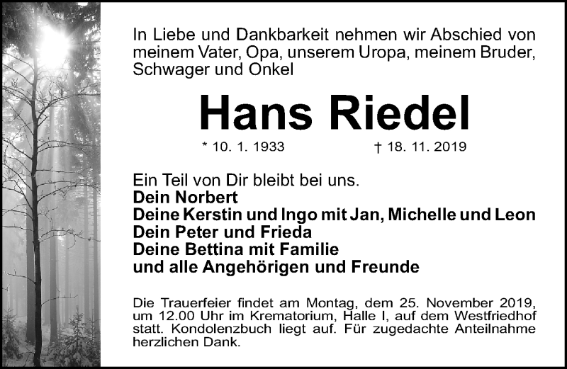  Traueranzeige für Hans Riedel vom 20.11.2019 aus Gesamtausgabe Nürnberger Nachrichten/ Nürnberger Ztg.