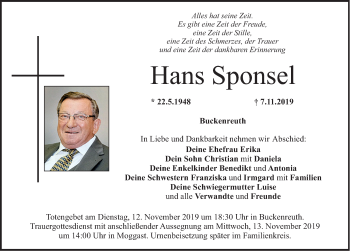 Traueranzeige von Hans Sponsel von Nordbayerische Nachrichten Forchheim Lokal