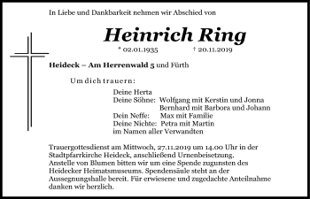 Traueranzeige von Heinrich Ring von Roth-Hilpoltsteiner Volkszeitung Lokal