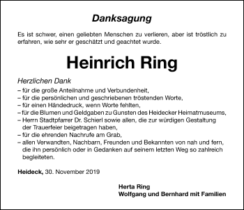 Traueranzeige von Heinrich Ring von Roth-Hilpoltsteiner Volkszeitung Lokal