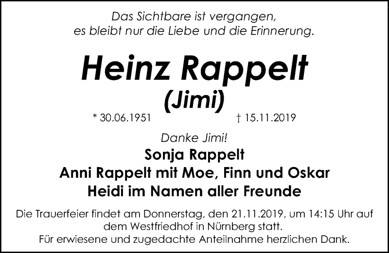  Traueranzeige für Heinz Rappelt vom 19.11.2019 aus Gesamtausgabe Nürnberger Nachrichten/ Nürnberger Ztg.