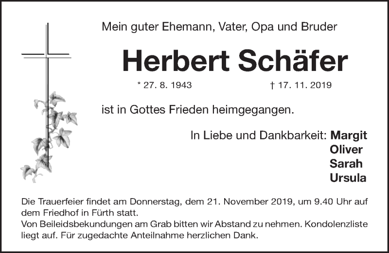  Traueranzeige für Herbert Schäfer vom 19.11.2019 aus Gesamtausgabe Nürnberger Nachrichten/ Nürnberger Ztg.