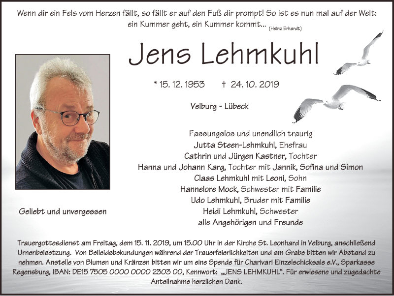  Traueranzeige für Jens Lehmkuhl vom 12.11.2019 aus Gesamtausgabe Nürnberger Nachrichten/ Nürnberger Ztg./ Neumarkter Nachrichten