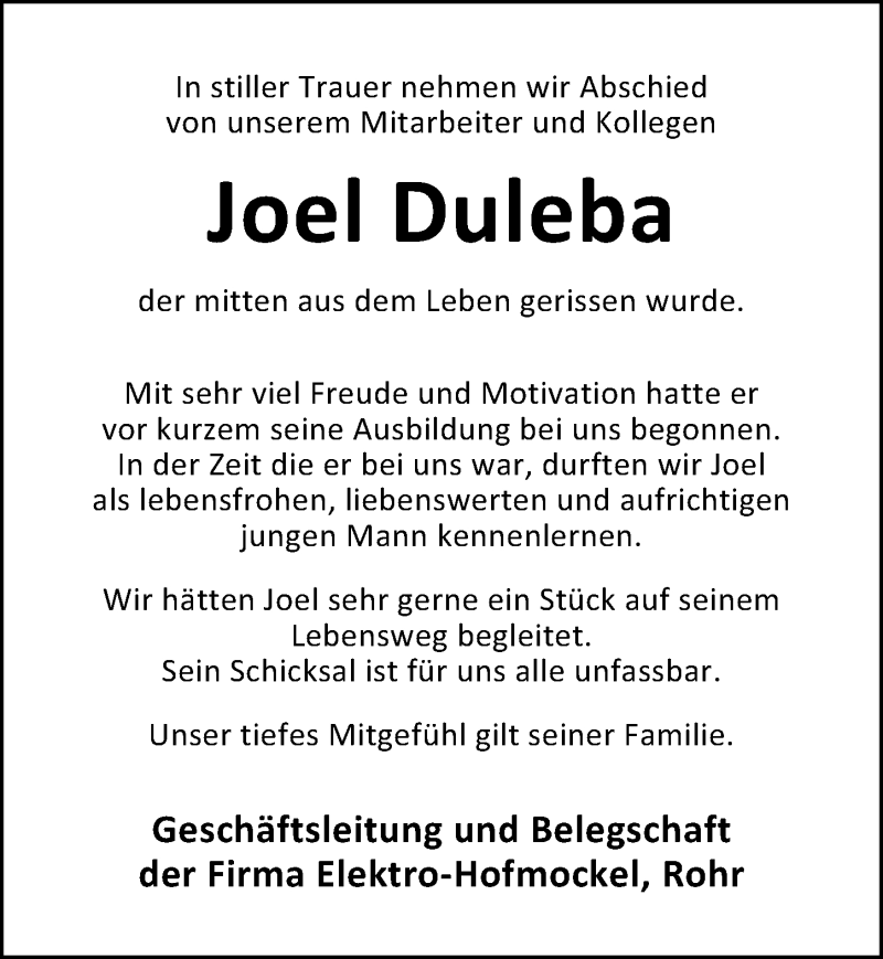  Traueranzeige für Joel Duleba vom 01.11.2019 aus Schwabach