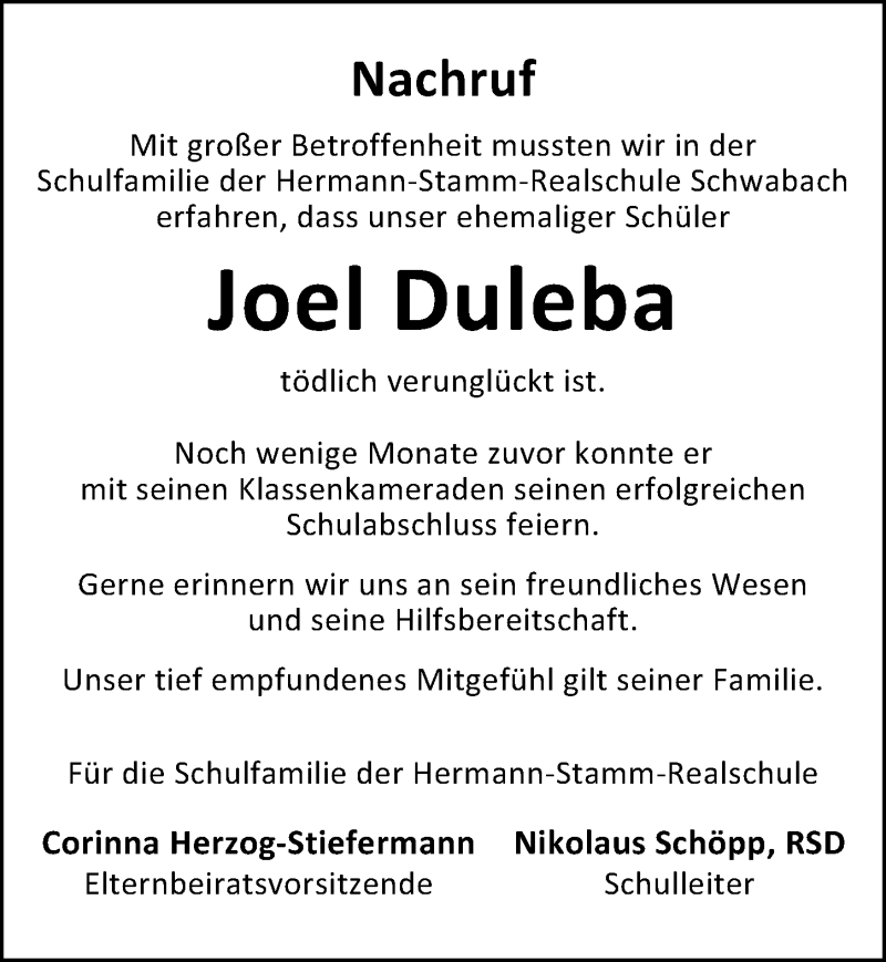  Traueranzeige für Joel Duleba vom 01.11.2019 aus Schwabach