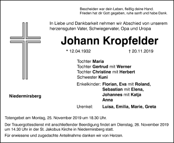 Traueranzeige von Johann Kropfelder von Nordbayerische Nachrichten Forchheim Lokal