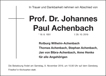 Traueranzeige von Johannes Paul Achenbach von Erlanger Nachrichten Lokal