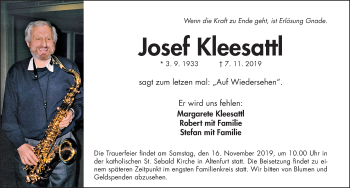 Traueranzeige von Josef Kleesattl von Gesamtausgabe Nürnberger Nachrichten/ Nürnberger Ztg.