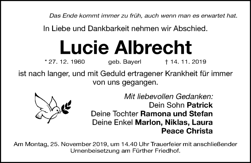  Traueranzeige für Lucie Albrecht vom 23.11.2019 aus Fürther Nachrichten Lokal