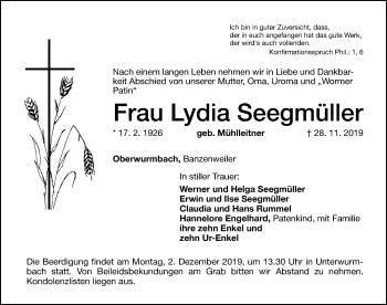 Traueranzeige von Lydia Seegmüller von Altmühl-Bote Lokal