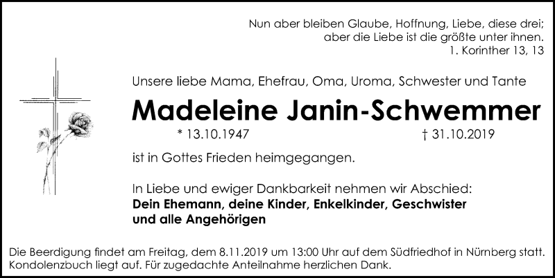  Traueranzeige für Madeleine Janin-Schwemmer vom 06.11.2019 aus Gesamtausgabe Nürnberger Nachrichten/ Nürnberger Ztg.