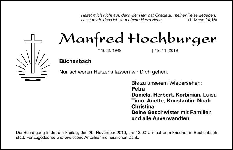  Traueranzeige für Manfred Hochburger vom 23.11.2019 aus Roth-Hilpoltsteiner Volkszeitung Lokal