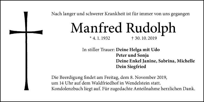  Traueranzeige für Manfred Rudolph vom 05.11.2019 aus Schwabach