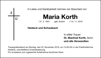 Traueranzeige von Maria Korth von Roth-Hilpoltsteiner Volkszeitung Lokal