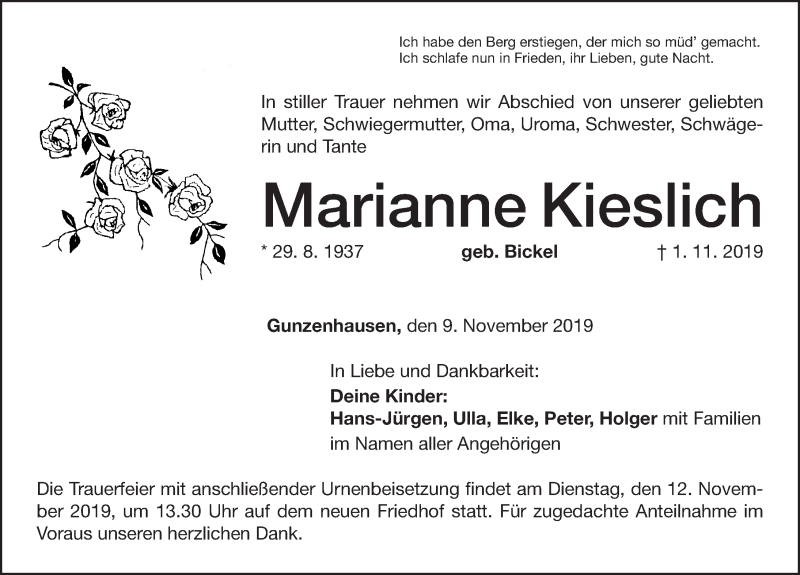  Traueranzeige für Marianne Kieslich vom 09.11.2019 aus Altmühl-Bote Lokal
