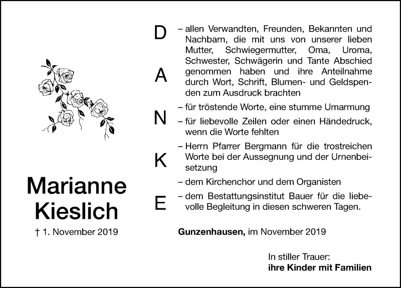 Traueranzeige für Marianne Kieslich vom 16.11.2019 aus Altmühl-Bote Lokal