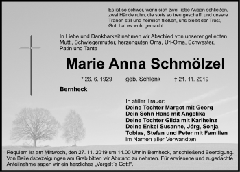 Traueranzeige von Marie Anna Schmölze von Nordbayerische Nachrichten Pegnitz Lokal