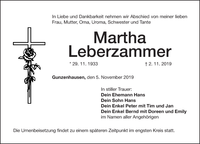  Traueranzeige für Martha Leberzammer vom 05.11.2019 aus Altmühl-Bote Lokal