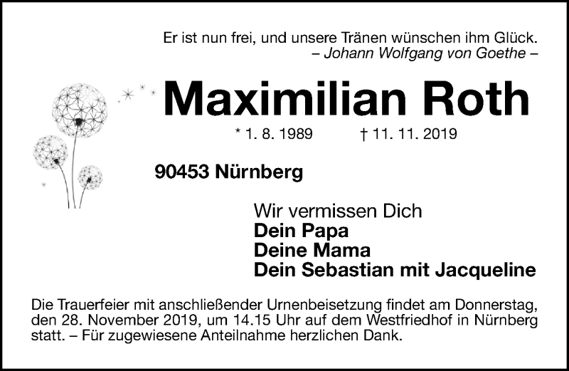 Traueranzeige für Maximilian Roth vom 23.11.2019 aus Gesamtausgabe Nürnberger Nachrichten/ Nürnberger Ztg.