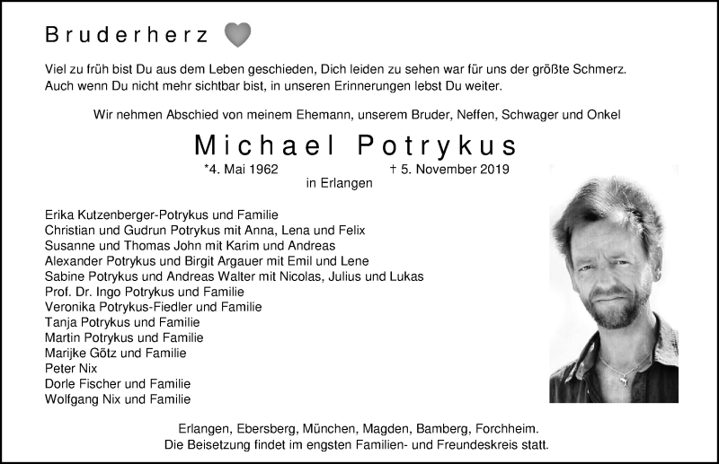  Traueranzeige für Michael Potrykus vom 09.11.2019 aus Erlanger Nachrichten Lokal