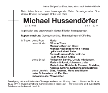 Traueranzeige von Michael Hussendörfer von Roth-Hilpoltsteiner Volkszeitung Lokal