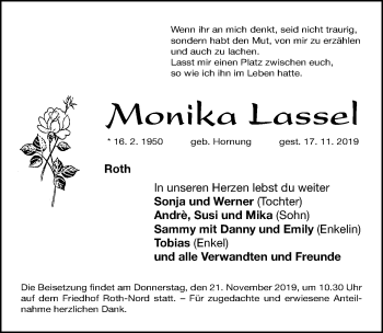 Traueranzeige von Monika Lassel von Roth-Hilpoltsteiner Volkszeitung Lokal