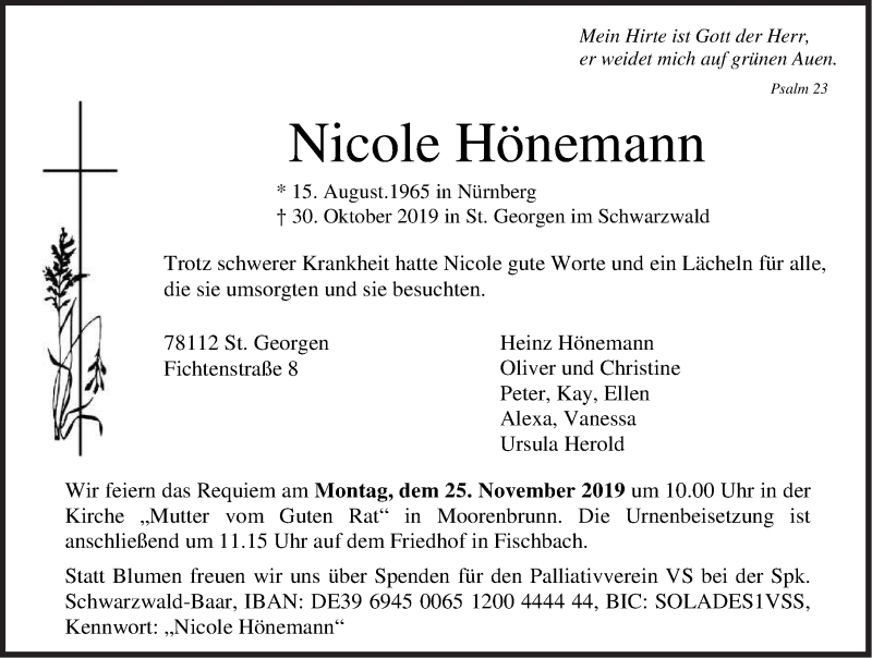  Traueranzeige für Nicole Hönemann vom 16.11.2019 aus Gesamtausgabe Nürnberger Nachrichten/ Nürnberger Ztg.