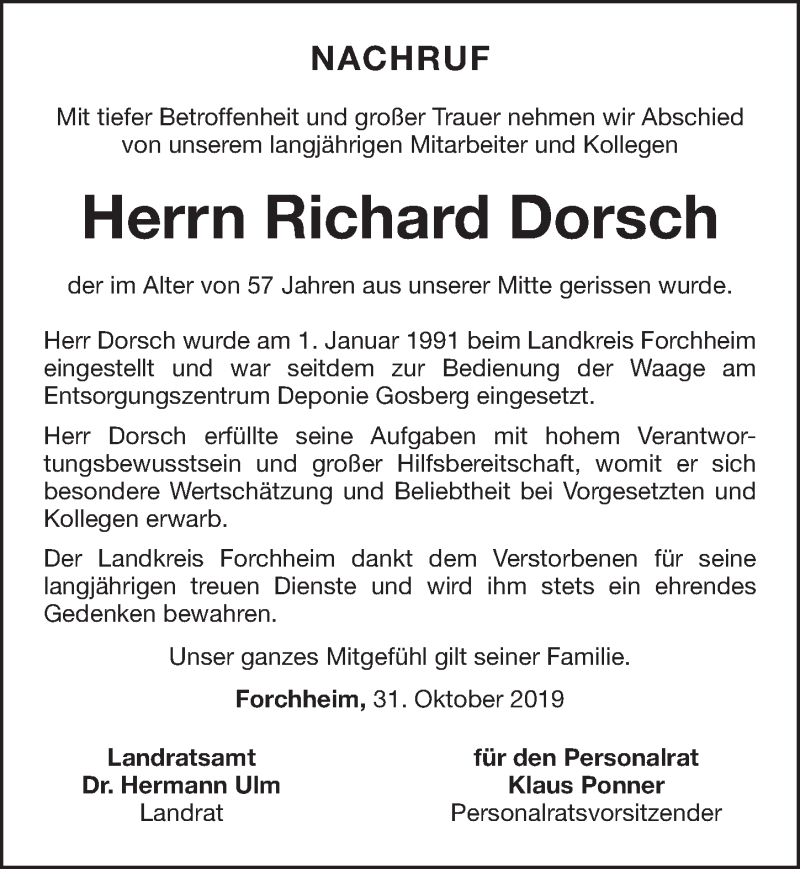  Traueranzeige für Richard Dorsch vom 04.11.2019 aus Nordbayerische Nachrichten Forchheim Lokal