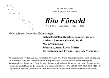 Traueranzeige von Rita Förschl von Roth-Hilpoltsteiner Volkszeitung Lokal