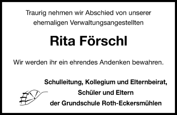 Traueranzeige von Rita Förschl von Roth-Hilpoltsteiner Volkszeitung Lokal