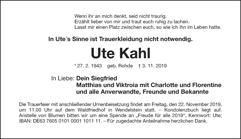  Traueranzeige für Ute Kahl vom 16.11.2019 aus Gesamtausgabe Nürnberger Nachrichten/ Nürnberger Ztg.