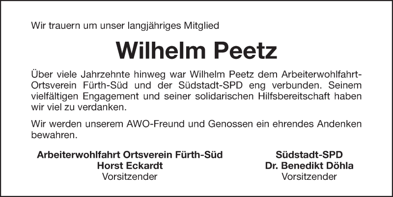  Traueranzeige für Wilhelm Peetz vom 04.11.2019 aus Fürther Nachrichten Lokal