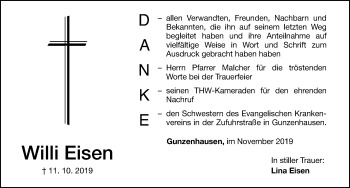 Traueranzeige von Willi Eisen von Altmühl-Bote Lokal