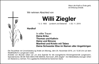 Traueranzeige von Willi Ziegler von Fürther Nachrichten Lokal
