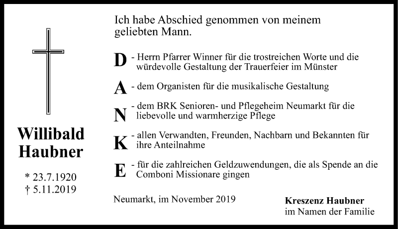  Traueranzeige für Willibald Haubner vom 16.11.2019 aus Neumarkter Nachrichten Lokal